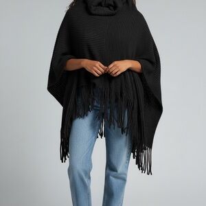 Black Fringe Knit Sweater Poncho
